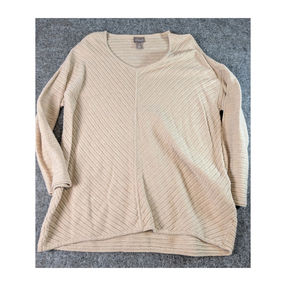 Chicos Women 1 Beige Ribbed V-Neck Sweater Cotton Blend Long Sleeve Tan Pullover
